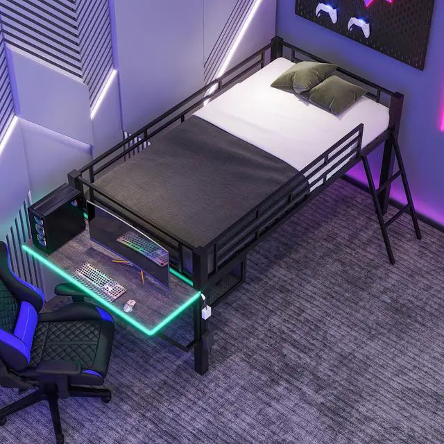 Alt view image 3 of 7 - Gaming mid loft bed with desk, LED, Twin, Black