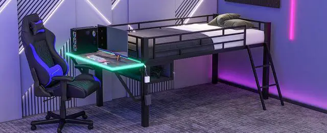 Alt view image 5 of 7 - Gaming mid loft bed with desk, LED, Twin, Black