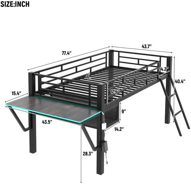Alt view image 6 of 7 - Gaming mid loft bed with desk, LED, Twin, Black