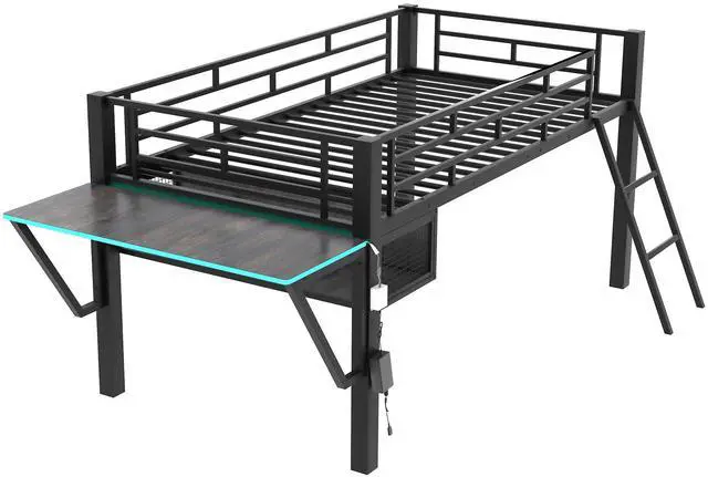 Alt view image 7 of 7 - Gaming mid loft bed with desk, LED, Twin, Black