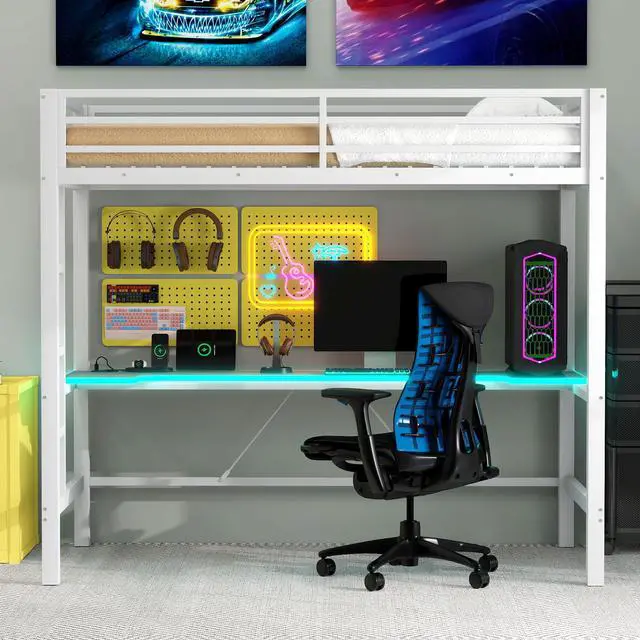 Alt view image 3 of 7 - Twin Size Gaming Metal Loft Bed Frame with LED Light, USB Charge Station and Desk,White