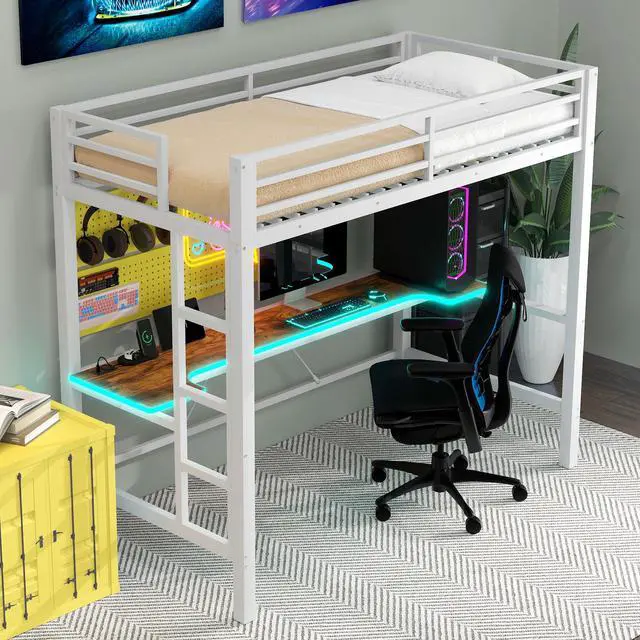 Alt view image 4 of 7 - Twin Size Gaming Metal Loft Bed Frame with LED Light, USB Charge Station and Desk,White