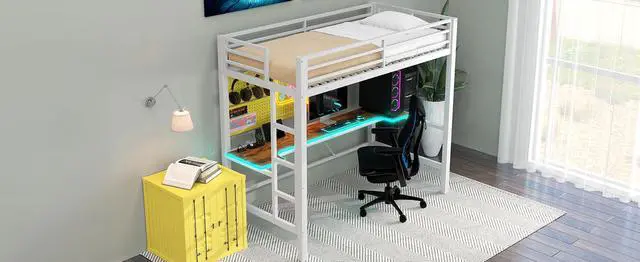 Alt view image 7 of 7 - Twin Size Gaming Metal Loft Bed Frame with LED Light, USB Charge Station and Desk,White