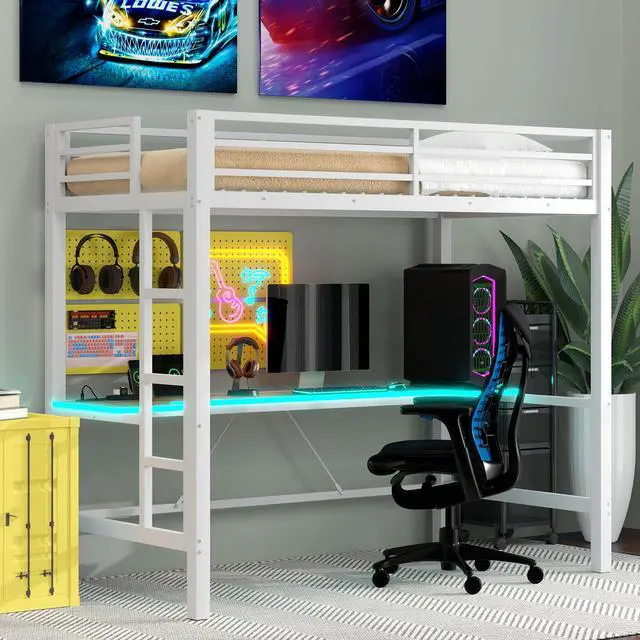 Alt view image 5 of 7 - Twin Size Gaming Metal Loft Bed Frame with LED Light, USB Charge Station and Desk,White