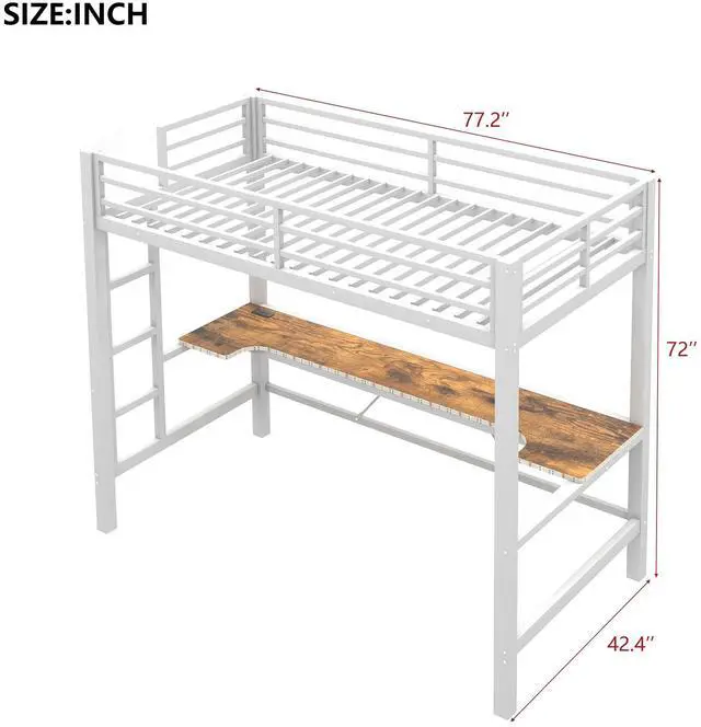 Alt view image 6 of 7 - Twin Size Gaming Metal Loft Bed Frame with LED Light, USB Charge Station and Desk,White