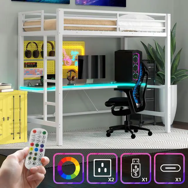 Alt view image 2 of 7 - Twin Size Gaming Metal Loft Bed Frame with LED Light, USB Charge Station and Desk,White