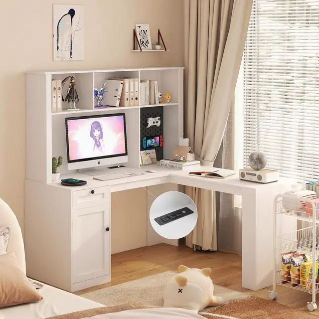 Main image of L Shaped Desk with outlet, Computer Desk with Drawers, Bookshelf, Modern Corner Desk, Home Office Desk,L-Shaped Study Table Writing Desk,Corner Gaming Computer Desk with Storage