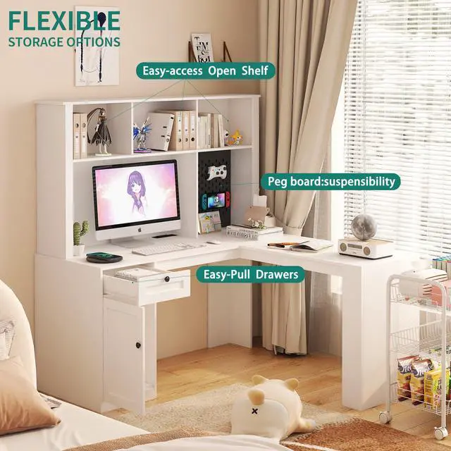 Alt view image 3 of 7 - L Shaped Desk with outlet, Computer Desk with Drawers, Bookshelf, Modern Corner Desk, Home Office Desk,L-Shaped Study Table Writing Desk,Corner Gaming Computer Desk with Storage