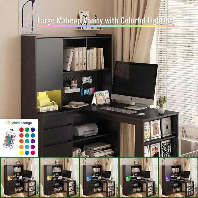 Alt view image 3 of 7 - L Shaped Desk,Computer Desk with Drawers,Bookshelf,with LED Light,Modern Corner Desk,Home Office Desk,L-Shaped Study Table Writing Desk,Corner Gaming Computer Desk with Storage