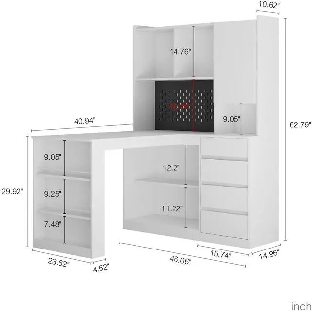 Alt view image 3 of 7 - L Shaped Desk with Charger,Computer Desk with Drawers,Bookshelf, with LED Light,Modern Corner Desk,Home Office Desk,L-Shaped Study Table Writing Desk,Corner Gaming Computer Desk with Storage