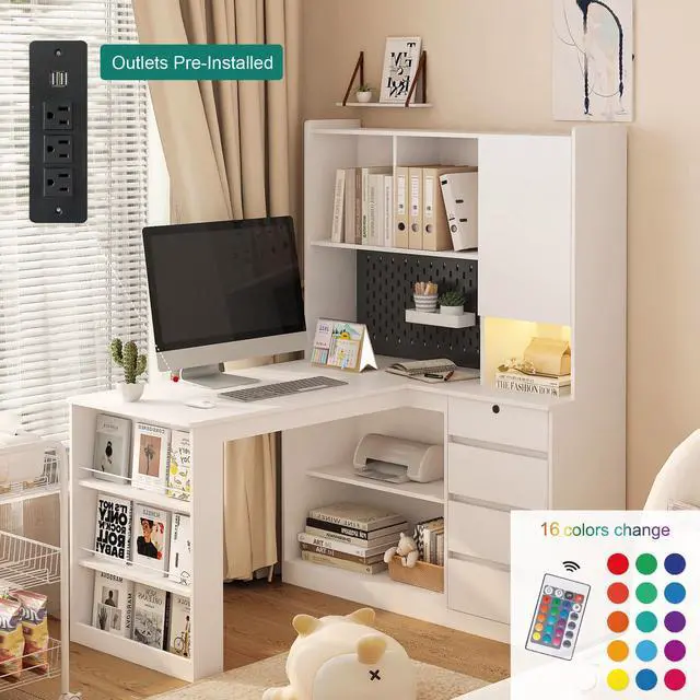 Alt view image 4 of 7 - L Shaped Desk with Charger,Computer Desk with Drawers,Bookshelf, with LED Light,Modern Corner Desk,Home Office Desk,L-Shaped Study Table Writing Desk,Corner Gaming Computer Desk with Storage
