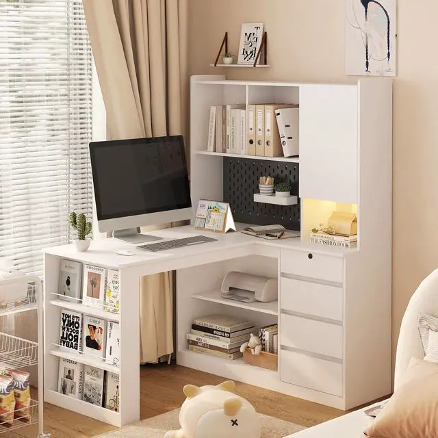 Main image of L Shaped Desk with Charger,Computer Desk with Drawers,Bookshelf, with LED Light,Modern Corner Desk,Home Office Desk,L-Shaped Study Table Writing Desk,Corner Gaming Computer Desk with Storage