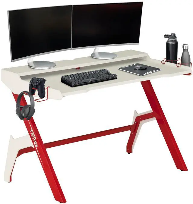 Alt view image 2 of 7 - Techni Sport Ergonomic Computer Gaming  Desk Workstation with Cupholder & Headphone Hook, Red