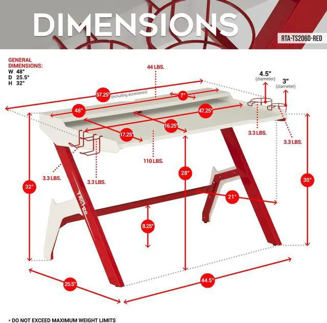 Alt view image 4 of 7 - Techni Sport Ergonomic Computer Gaming  Desk Workstation with Cupholder & Headphone Hook, Red