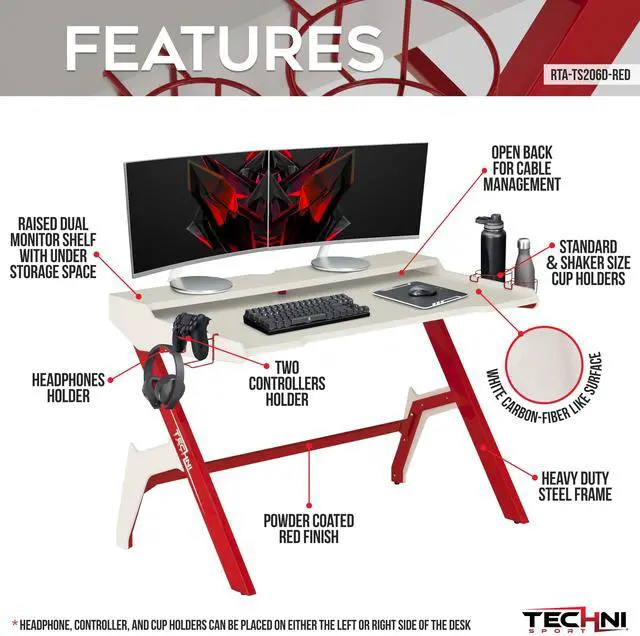 Alt view image 3 of 7 - Techni Sport Ergonomic Computer Gaming  Desk Workstation with Cupholder & Headphone Hook, Red