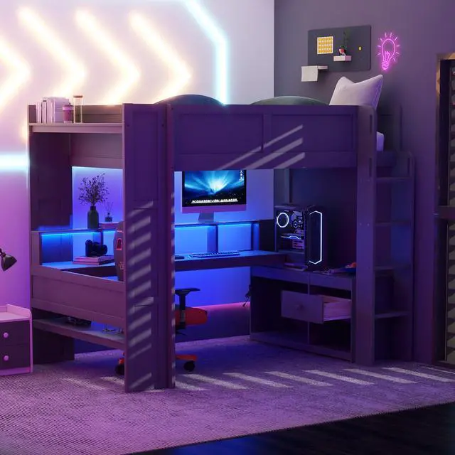 Main image of Wood Full Size Gaming Loft Bed with Desk, Multi-storage Shelves, LED and Charging Station, Dark Gray