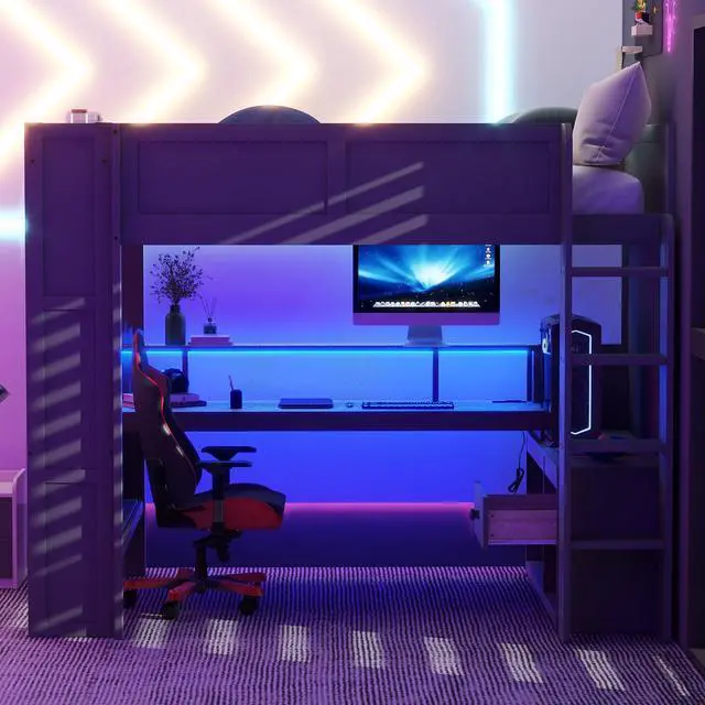 Alt view image 2 of 7 - Wood Full Size Gaming Loft Bed with Desk, Multi-storage Shelves, LED and Charging Station, Dark Gray