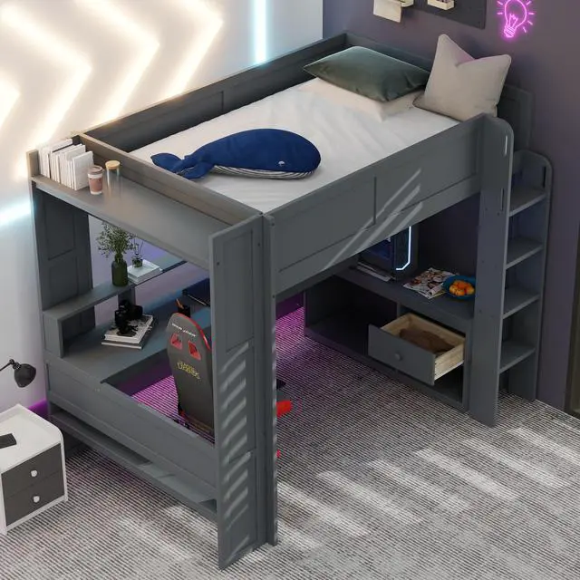 Alt view image 3 of 7 - Wood Full Size Gaming Loft Bed with Desk, Multi-storage Shelves, LED and Charging Station, Dark Gray