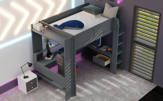 Alt view image 7 of 7 - Wood Full Size Gaming Loft Bed with Desk, Multi-storage Shelves, LED and Charging Station, Dark Gray
