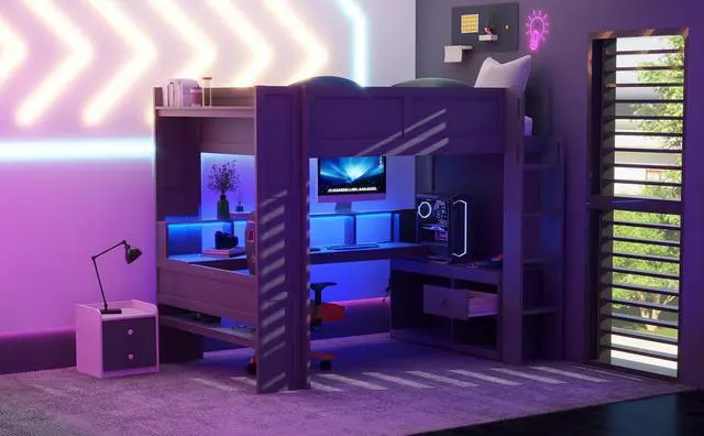 Alt view image 6 of 7 - Wood Full Size Gaming Loft Bed with Desk, Multi-storage Shelves, LED and Charging Station, Dark Gray