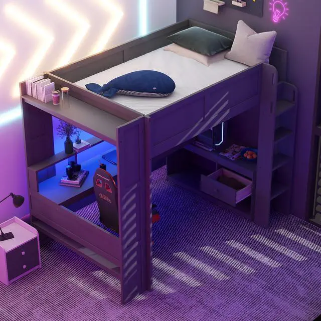 Alt view image 4 of 7 - Wood Full Size Gaming Loft Bed with Desk, Multi-storage Shelves, LED and Charging Station, Dark Gray