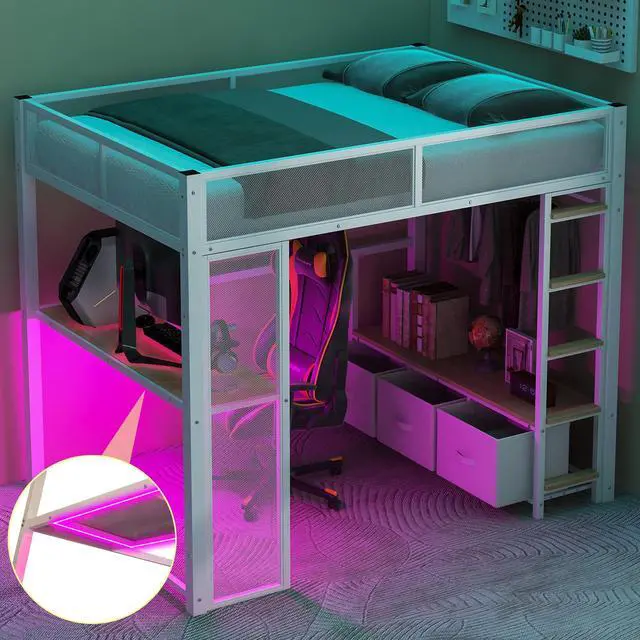 Main image of Full Size Metal Gaming Loft Bed with LED, Desk, Open Wardrobe and 3 Linen Storage Drawers, White