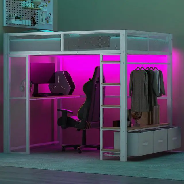Alt view image 2 of 7 - Full Size Metal Gaming Loft Bed with LED, Desk, Open Wardrobe and 3 Linen Storage Drawers, White