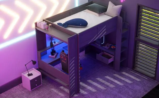 Alt view image 5 of 7 - Wood Full Size Gaming Loft Bed with Desk, Multi-storage Shelves, LED and Charging Station, Dark Gray