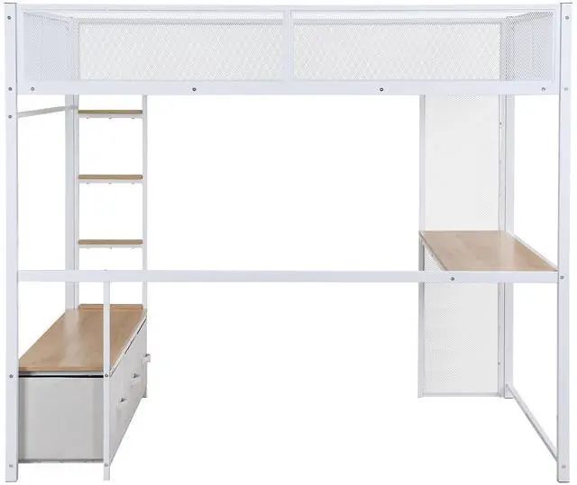 Alt view image 7 of 7 - Full Size Metal Gaming Loft Bed with LED, Desk, Open Wardrobe and 3 Linen Storage Drawers, White