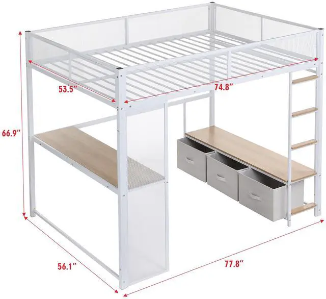 Alt view image 5 of 7 - Full Size Metal Gaming Loft Bed with LED, Desk, Open Wardrobe and 3 Linen Storage Drawers, White