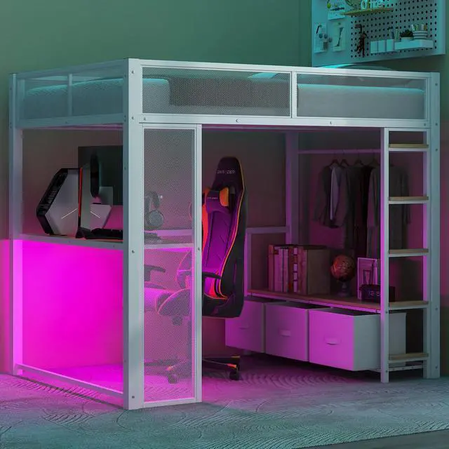 Alt view image 3 of 7 - Full Size Metal Gaming Loft Bed with LED, Desk, Open Wardrobe and 3 Linen Storage Drawers, White