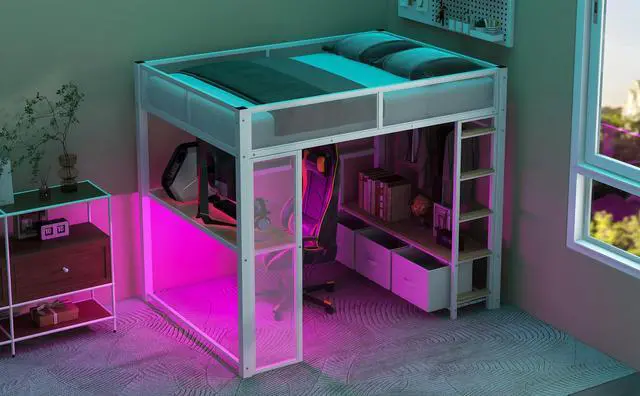 Alt view image 6 of 7 - Full Size Metal Gaming Loft Bed with LED, Desk, Open Wardrobe and 3 Linen Storage Drawers, White