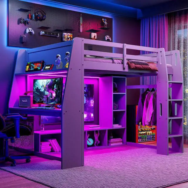 Main image of Wood Full Size Gaming Loft Bed with Desk, Multi-storage Shelves, LED and a Hanging Clothes Rack, Gray