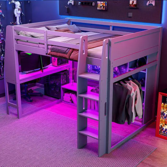 Alt view image 2 of 7 - Wood Full Size Gaming Loft Bed with Desk, Multi-storage Shelves, LED and a Hanging Clothes Rack, Gray