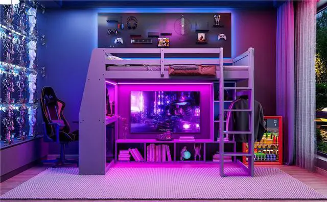 Alt view image 5 of 7 - Wood Full Size Gaming Loft Bed with Desk, Multi-storage Shelves, LED and a Hanging Clothes Rack, Gray