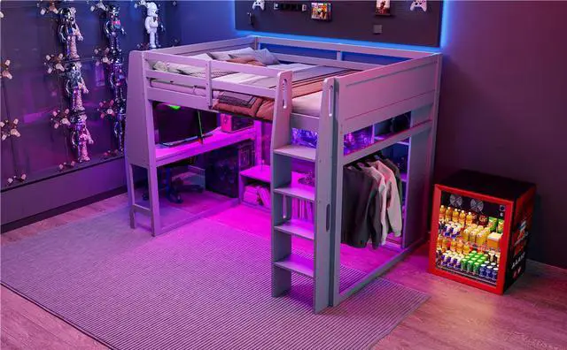 Alt view image 4 of 7 - Wood Full Size Gaming Loft Bed with Desk, Multi-storage Shelves, LED and a Hanging Clothes Rack, Gray