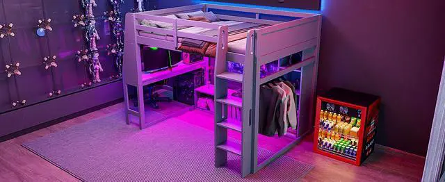 Alt view image 7 of 7 - Wood Full Size Gaming Loft Bed with Desk, Multi-storage Shelves, LED and a Hanging Clothes Rack, Gray
