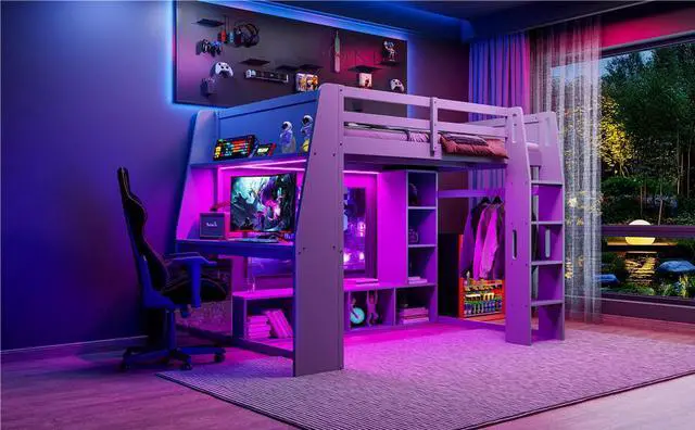 Alt view image 6 of 7 - Wood Full Size Gaming Loft Bed with Desk, Multi-storage Shelves, LED and a Hanging Clothes Rack, Gray
