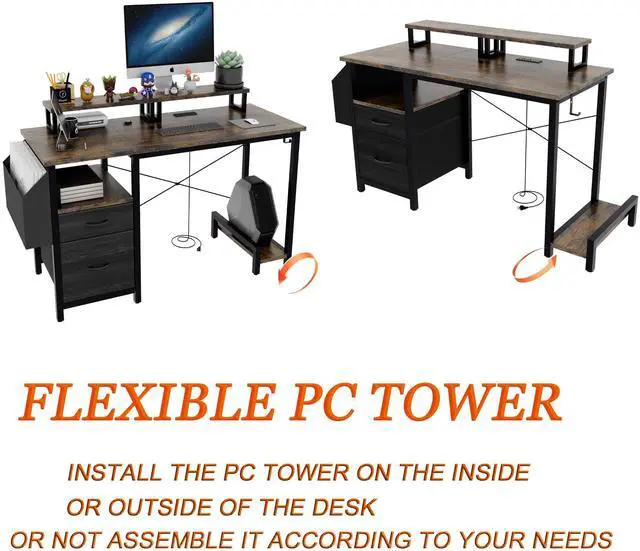 Alt view image 4 of 6 - Computer Desk with Drawer and Power Outlets, 47" Office Desk with 2 Monitor Stands and Fabric File Cabinet, Writing Gaming Table with Shelves and Hooks for Home Office, Rustic Brown