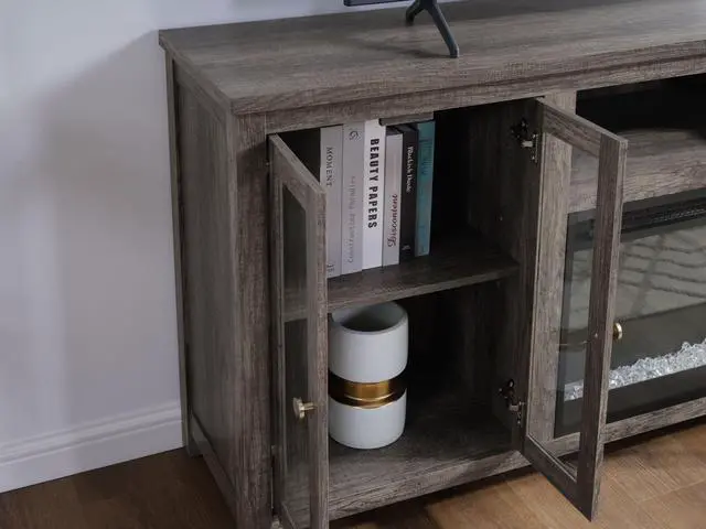 Alt view image 2 of 3 - Ellington 70"W Gray Walnut Finish Fireplace TV Stand Console with Heater, LED Light, Cabinets, Shelves