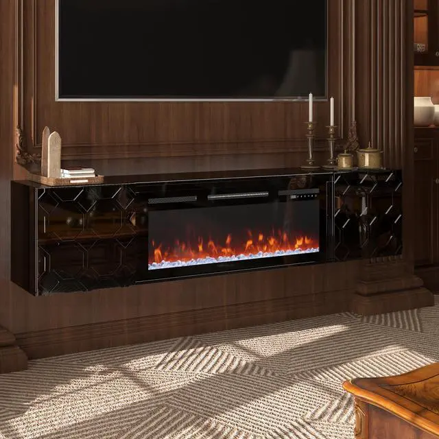 Alt view image 7 of 7 - 67 in. Black Media TV Stand in High Gloss Paint MDF