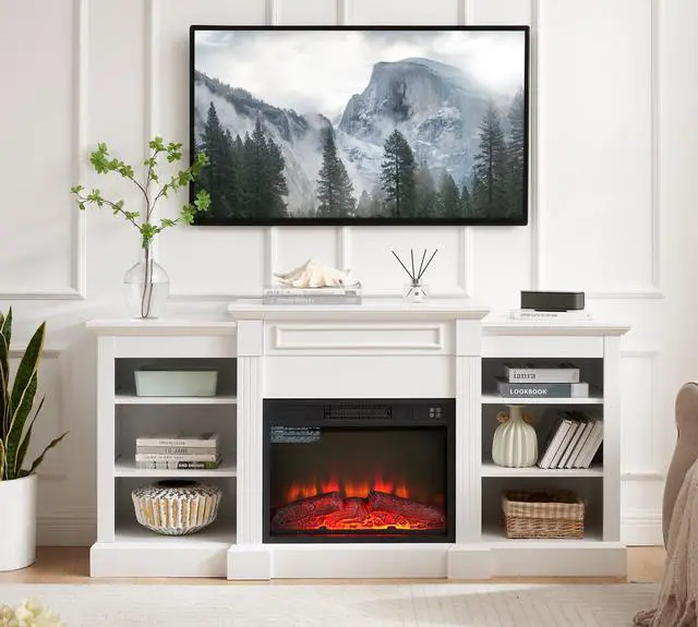Main image of Media Console Table with Large Storage Cabinet, with 23" Fireplace Insert, for TV Up to 70'', Modern TV Media Entertaionment Stand, White, 65.75"W*17"D*32.48"H