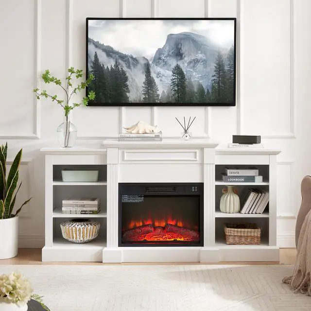 Alt view image 2 of 3 - Media Console Table with Large Storage Cabinet, with 23" Fireplace Insert, for TV Up to 70'', Modern TV Media Entertaionment Stand, White, 65.75"W*17"D*32.48"H