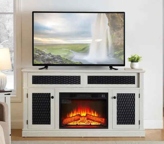 Main image of Embossed Pattern TV Stand with 23" fireplace insert,, TV and Media Console with Open and Closed Storage Space and sliding door for Living Room & Bedroom,White, 58.27"W*15.35"W*31.7H