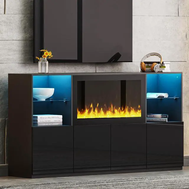 Main image of ON-TREND High Gloss TV Stand with 34.2" Non-heating Electric Fireplace, Modern Entertainment Center with LED Light, Media Console with Tempered Glass Shelves for TVs up to 75", Living Room, Black