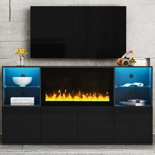 Alt view image 2 of 7 - ON-TREND High Gloss TV Stand with 34.2" Non-heating Electric Fireplace, Modern Entertainment Center with LED Light, Media Console with Tempered Glass Shelves for TVs up to 75", Living Room, Black