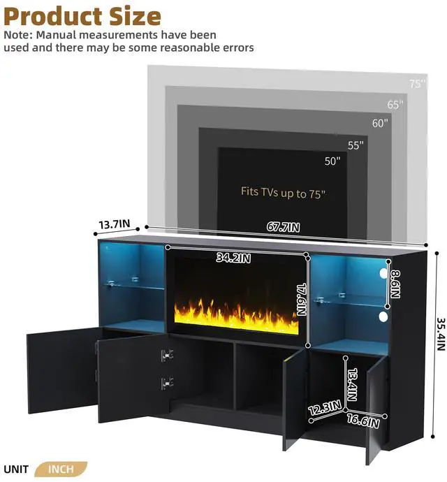 Alt view image 7 of 7 - ON-TREND High Gloss TV Stand with 34.2" Non-heating Electric Fireplace, Modern Entertainment Center with LED Light, Media Console with Tempered Glass Shelves for TVs up to 75", Living Room, Black