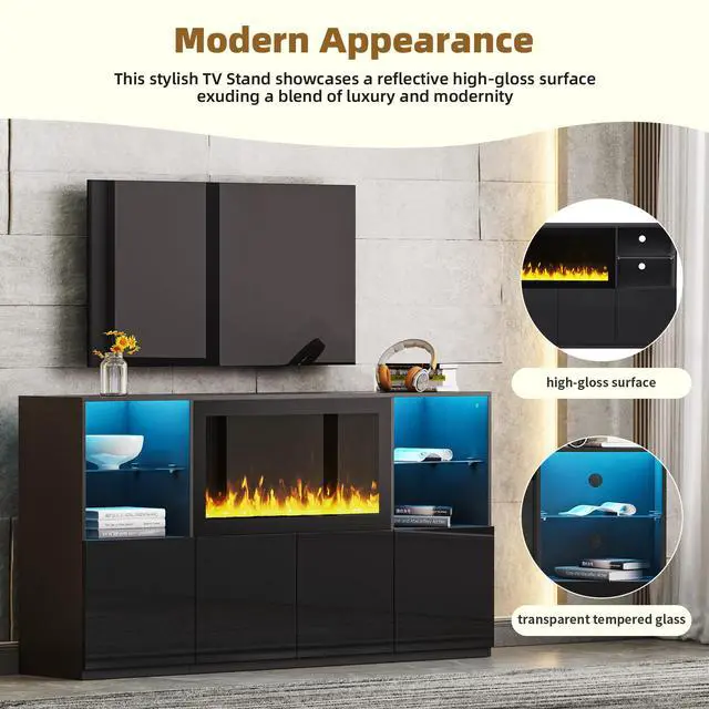 Alt view image 4 of 7 - ON-TREND High Gloss TV Stand with 34.2" Non-heating Electric Fireplace, Modern Entertainment Center with LED Light, Media Console with Tempered Glass Shelves for TVs up to 75", Living Room, Black