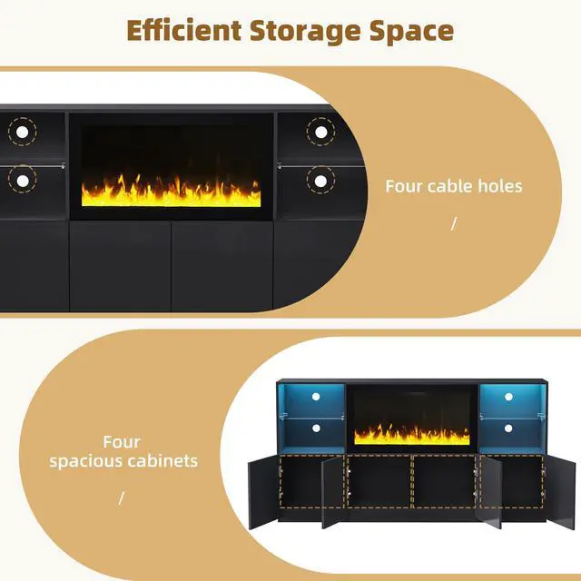 Alt view image 5 of 7 - ON-TREND High Gloss TV Stand with 34.2" Non-heating Electric Fireplace, Modern Entertainment Center with LED Light, Media Console with Tempered Glass Shelves for TVs up to 75", Living Room, Black