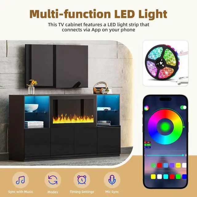 Alt view image 6 of 7 - ON-TREND High Gloss TV Stand with 34.2" Non-heating Electric Fireplace, Modern Entertainment Center with LED Light, Media Console with Tempered Glass Shelves for TVs up to 75", Living Room, Black